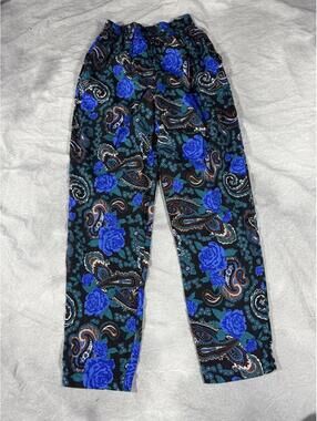 Vintage 80s Ego Sportswear Blue Rose Paisley High Waist Pants Made in USA